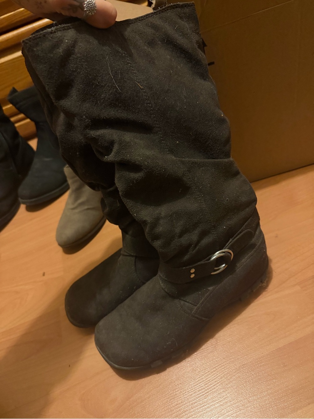 Black Slouchy Mid-Calf Boots with Buckle Accent
